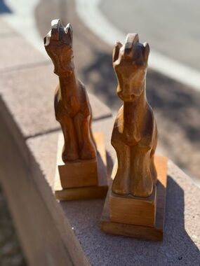 Vintage Hand-Carved Wooden Horse Figurines | Bookends | Pair | Folk Art